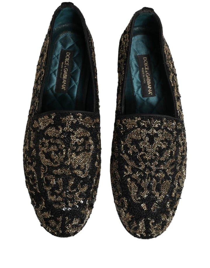Dolce &amp; Gabbana Black Gold Embellished Dress Loafers Shoes