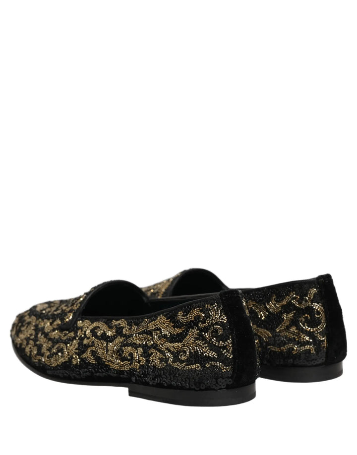 Dolce &amp; Gabbana Black Gold Embellished Dress Loafers Shoes
