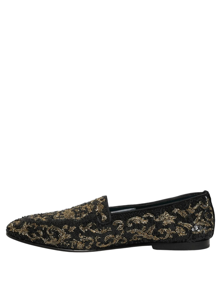 Dolce &amp; Gabbana Black Gold Embellished Dress Loafers Shoes