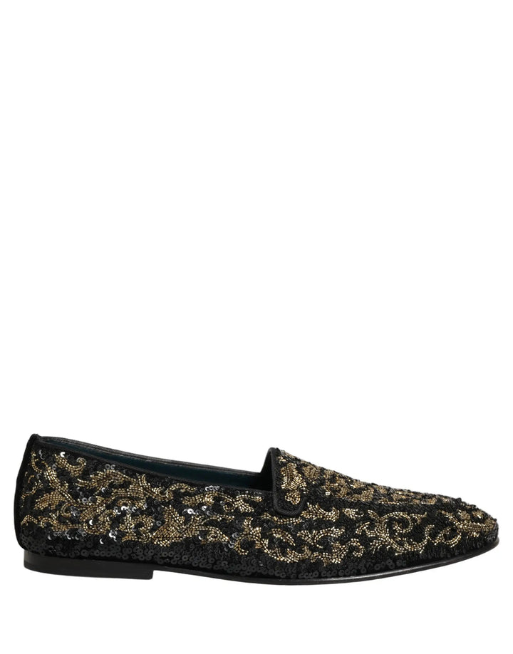 Dolce &amp; Gabbana Black Gold Embellished Dress Loafers Shoes
