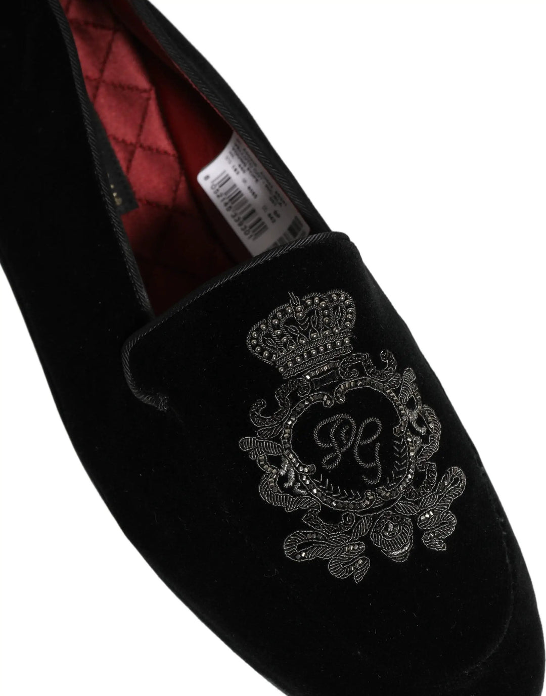 Dolce &amp; Gabbana Black Velvet Crown Embroidery Loafers Shoes