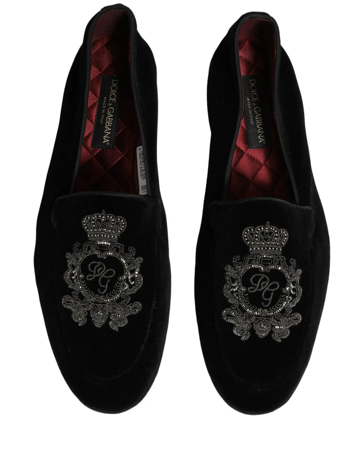 Dolce &amp; Gabbana Black Velvet Crown Embroidery Loafers Shoes