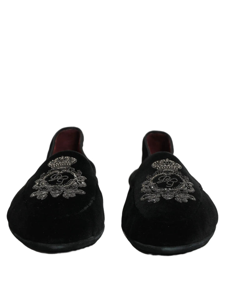 Dolce &amp; Gabbana Black Velvet Crown Embroidery Loafers Shoes