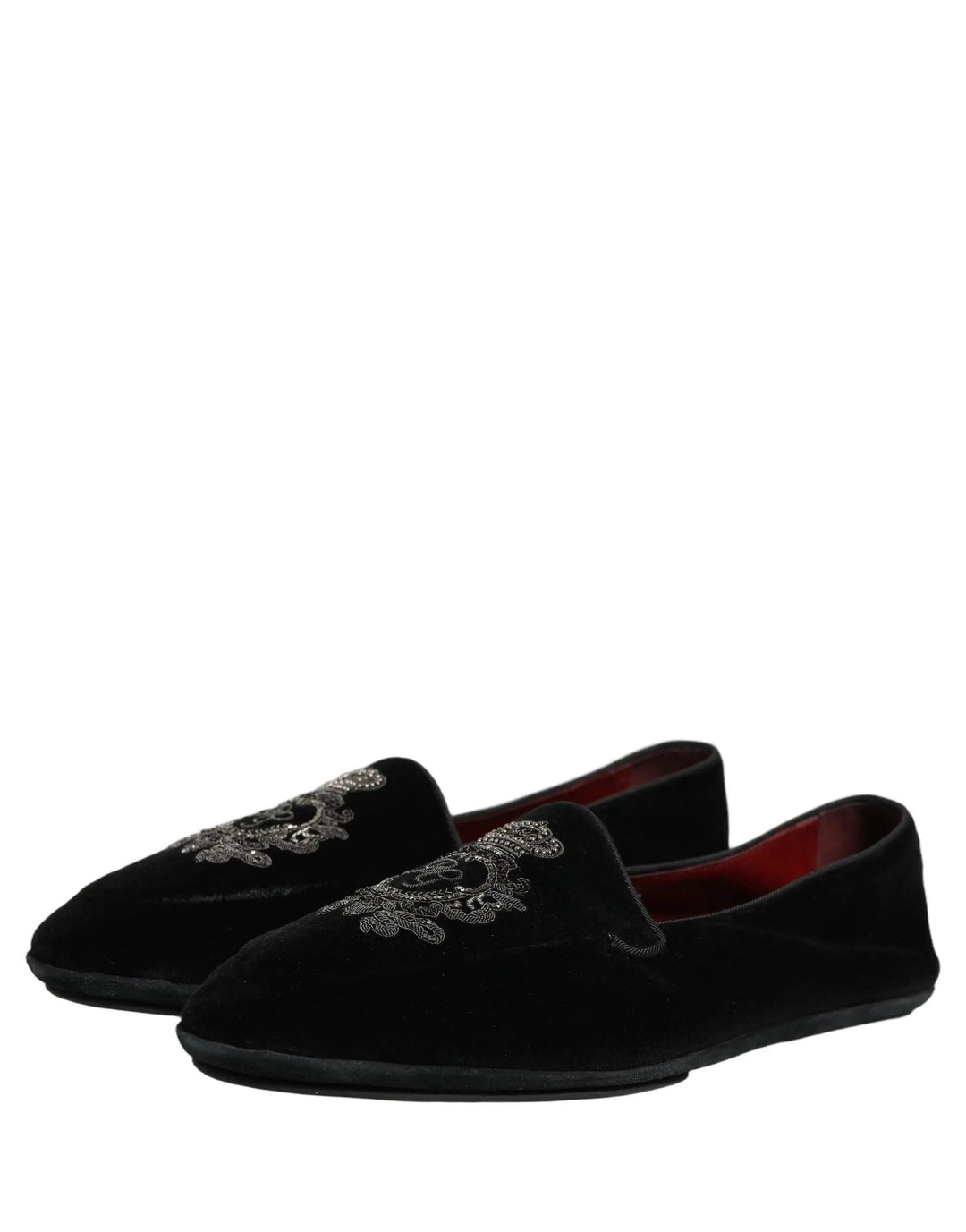 Dolce &amp; Gabbana Black Velvet Crown Embroidery Loafers Shoes
