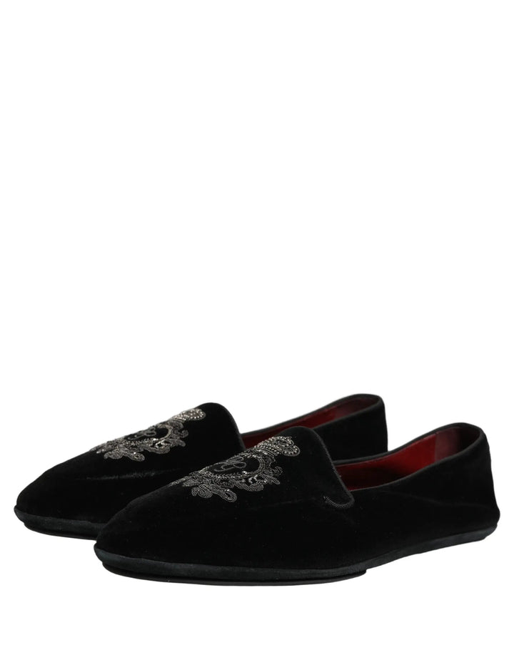 Dolce &amp; Gabbana Black Velvet Crown Embroidery Loafers Shoes