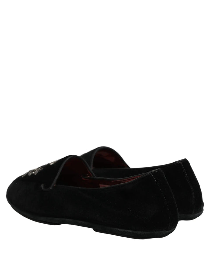 Dolce &amp; Gabbana Black Velvet Crown Embroidery Loafers Shoes
