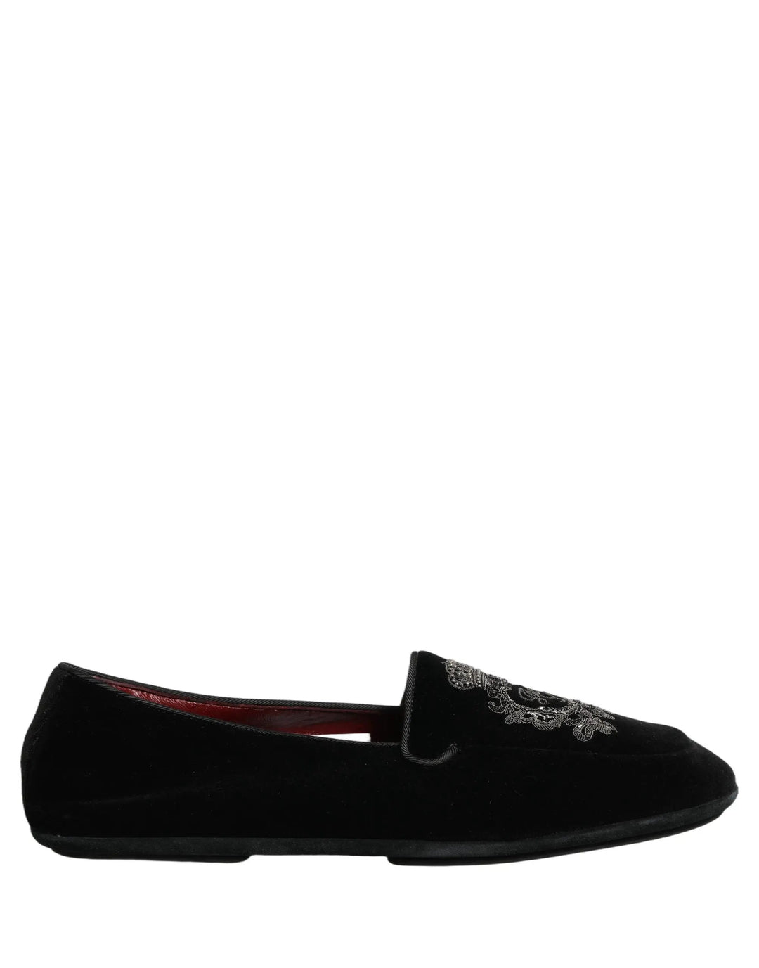Dolce &amp; Gabbana Black Velvet Crown Embroidery Loafers Shoes
