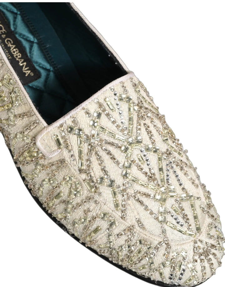 Dolce &amp; Gabbana White Velvet Embroidered Dress Loafers Shoes