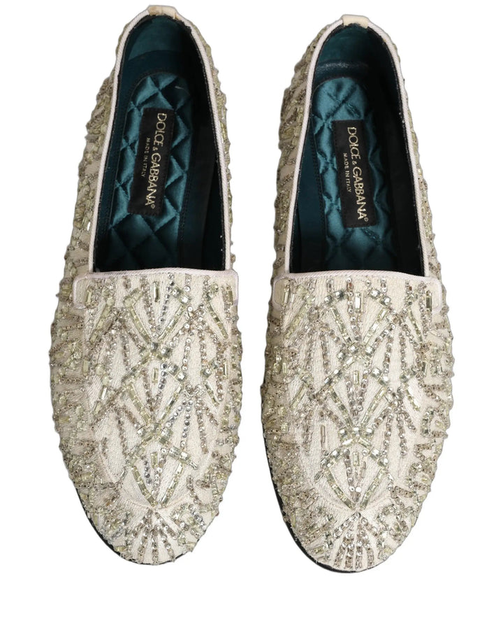 Dolce &amp; Gabbana White Velvet Embroidered Dress Loafers Shoes
