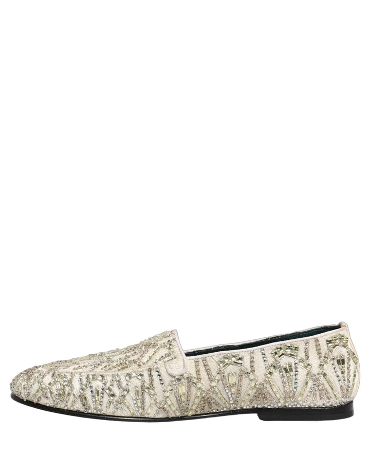 Dolce &amp; Gabbana White Velvet Embroidered Dress Loafers Shoes