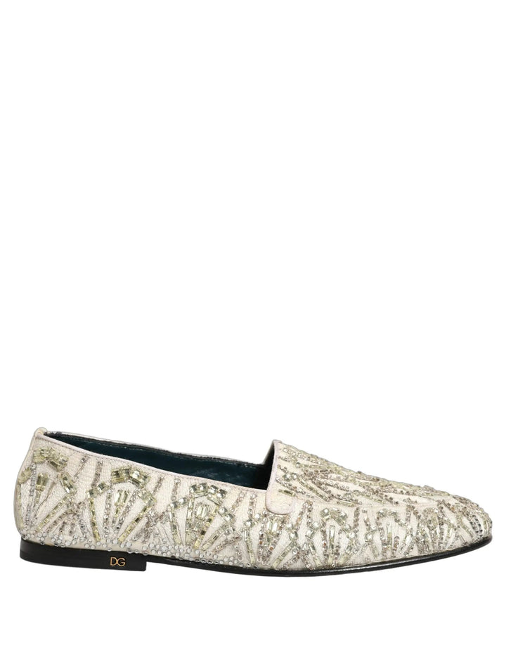 Dolce &amp; Gabbana White Velvet Embroidered Dress Loafers Shoes