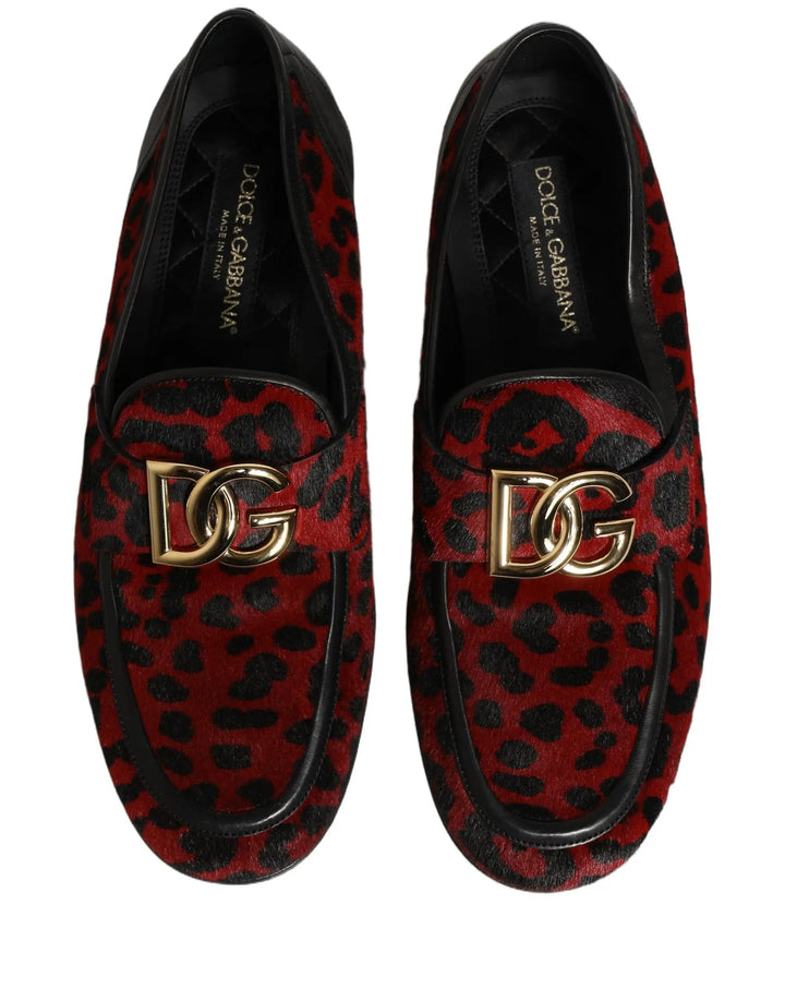 Dolce &amp; Gabbana Red Leopard Print Pony Hair Dress Loafers Shoes