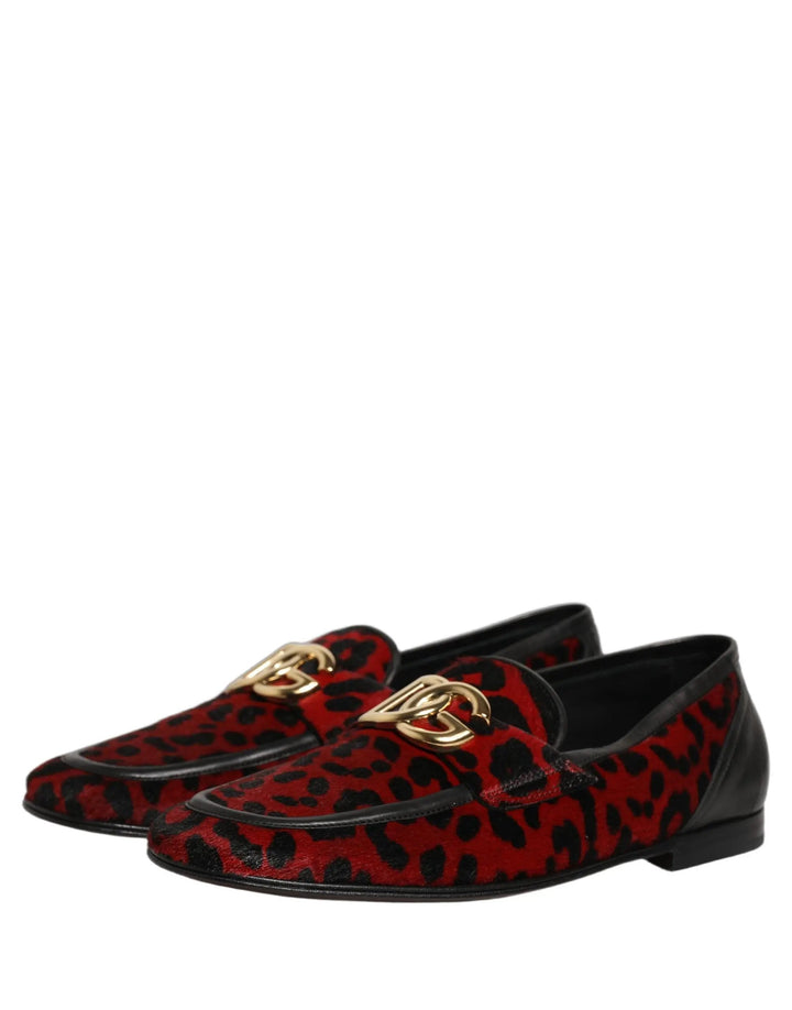 Dolce &amp; Gabbana Red Leopard Print Pony Hair Dress Loafers Shoes