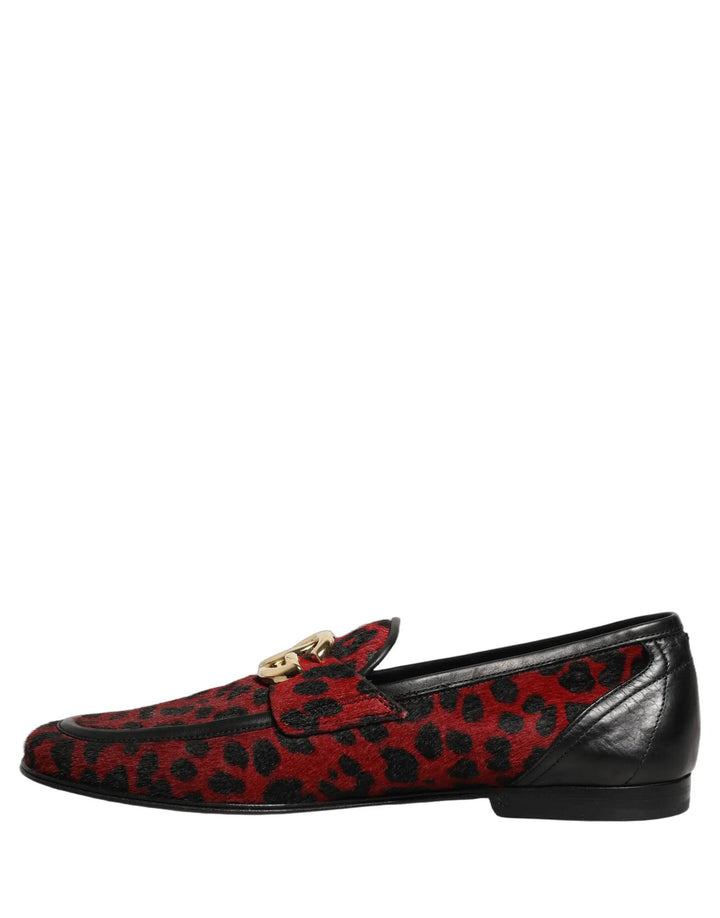 Dolce &amp; Gabbana Red Leopard Print Pony Hair Dress Loafers Shoes