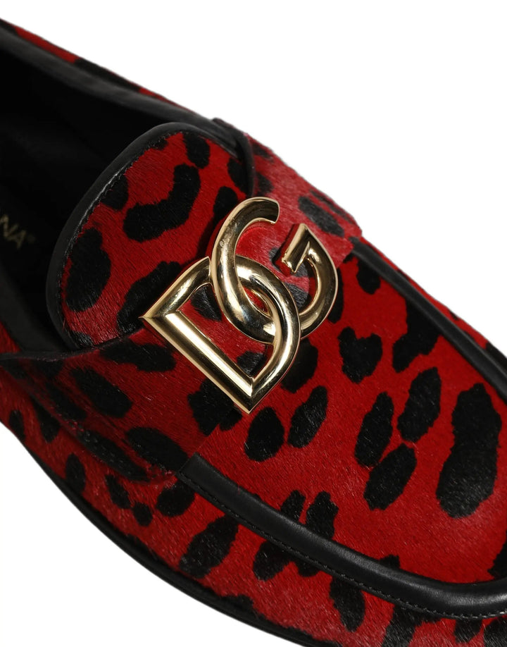 Dolce &amp; Gabbana Red Leopard Print Pony Hair Dress Loafers Shoes
