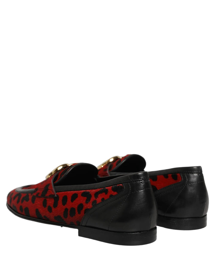 Dolce &amp; Gabbana Red Leopard Print Pony Hair Dress Loafers Shoes