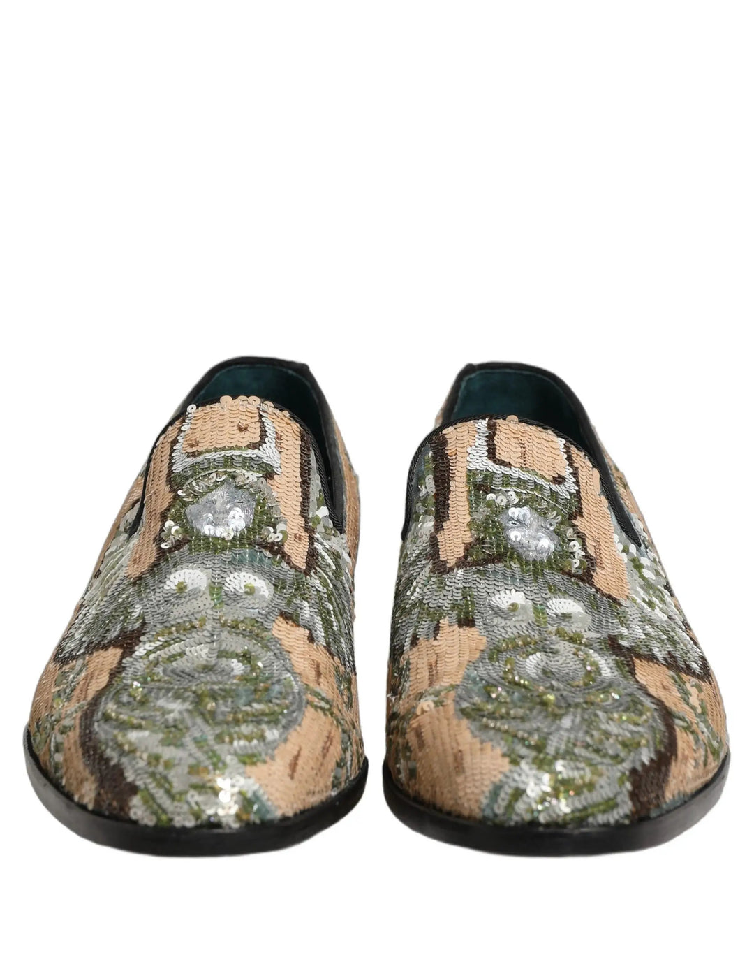 Dolce &amp; Gabbana Beige Sequin Embroidery Dress Loafers Shoes