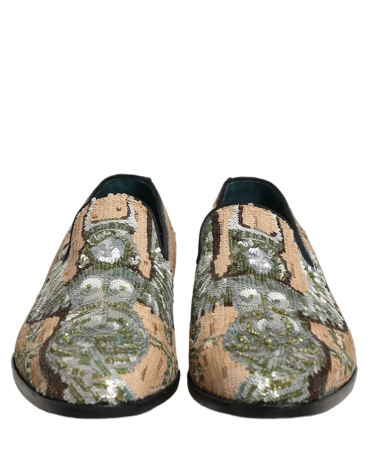Dolce &amp; Gabbana Beige Sequin Embroidery Dress Loafers Shoes