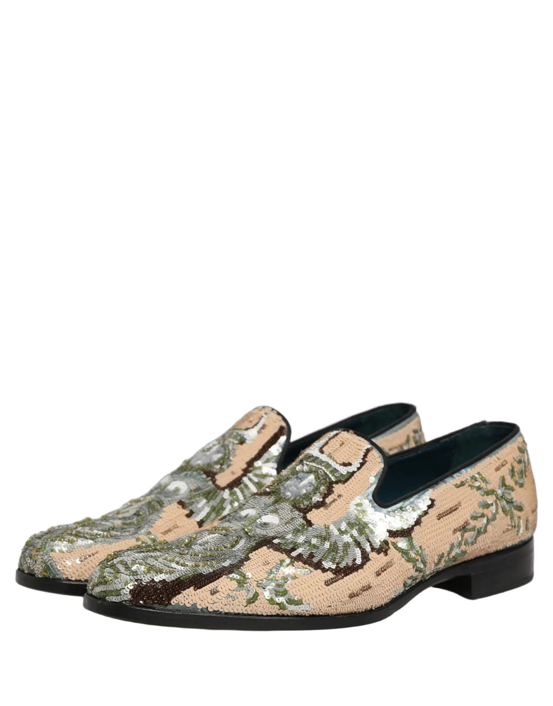 Dolce &amp; Gabbana Beige Sequin Embroidery Dress Loafers Shoes
