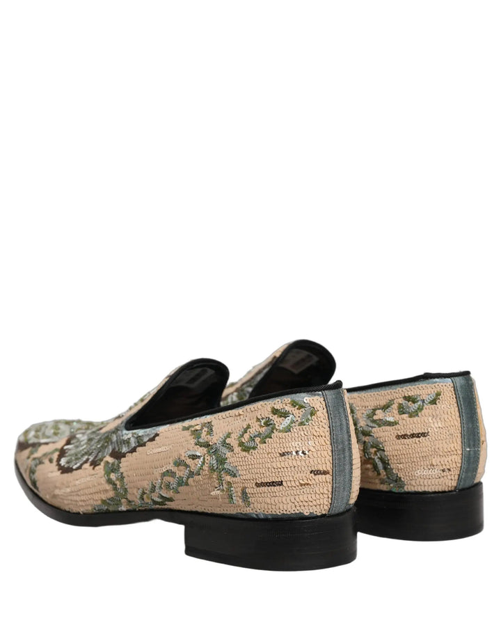 Dolce &amp; Gabbana Beige Sequin Embroidery Dress Loafers Shoes