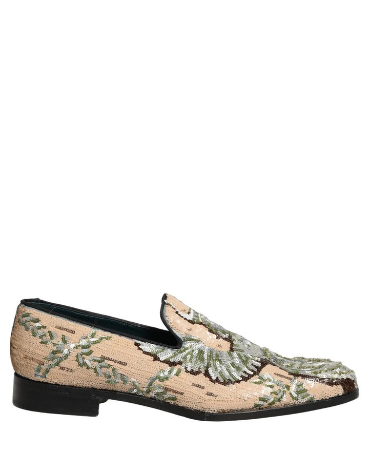 Dolce &amp; Gabbana Beige Sequin Embroidery Dress Loafers Shoes