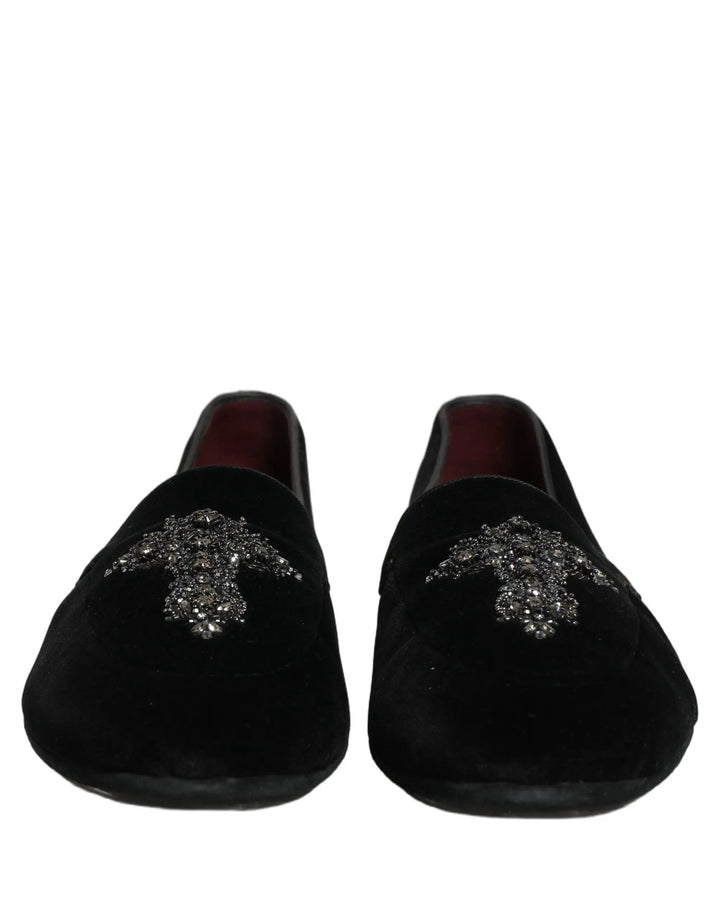 Dolce &amp; Gabbana Black Suede Embellished Dress Loafers Shoes