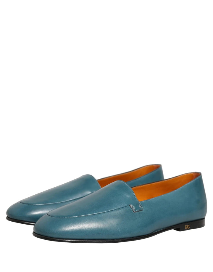 Dolce &amp; Gabbana Blue Leather Logo Slip On Men Loafers Shoes