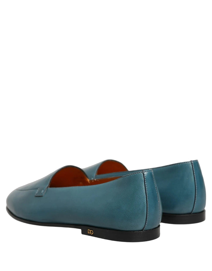 Dolce &amp; Gabbana Blue Leather Logo Slip On Men Loafers Shoes