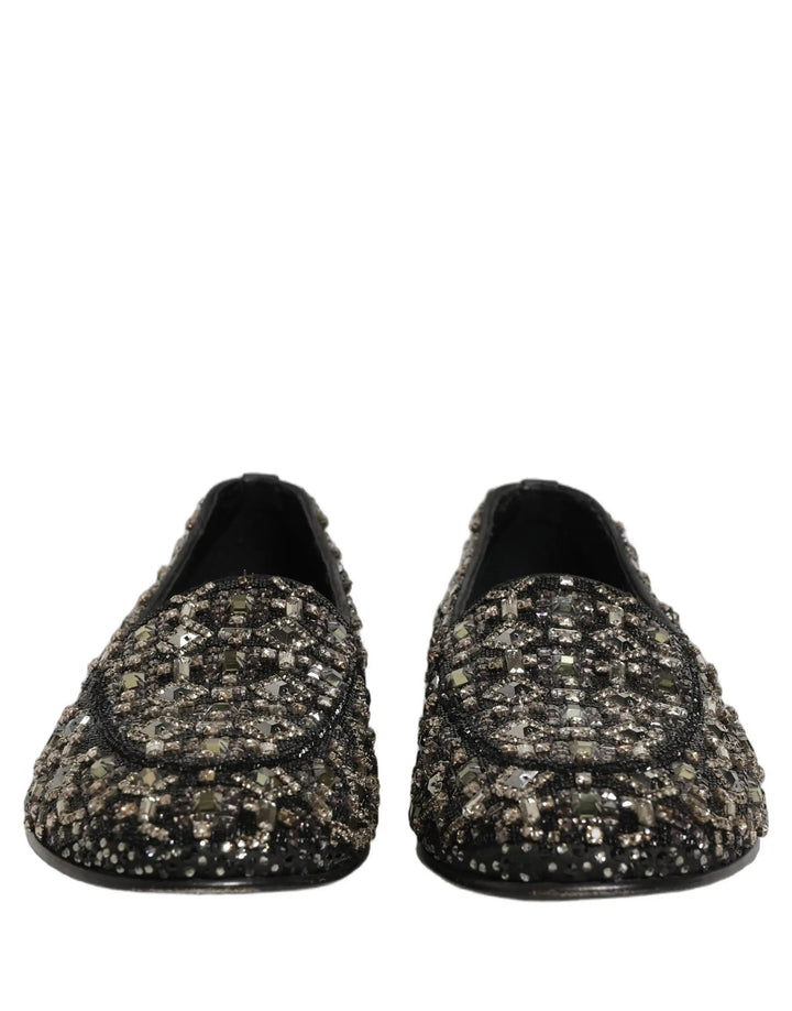 Dolce &amp; Gabbana Silver Leather Logo Slip On Loafers Shoes