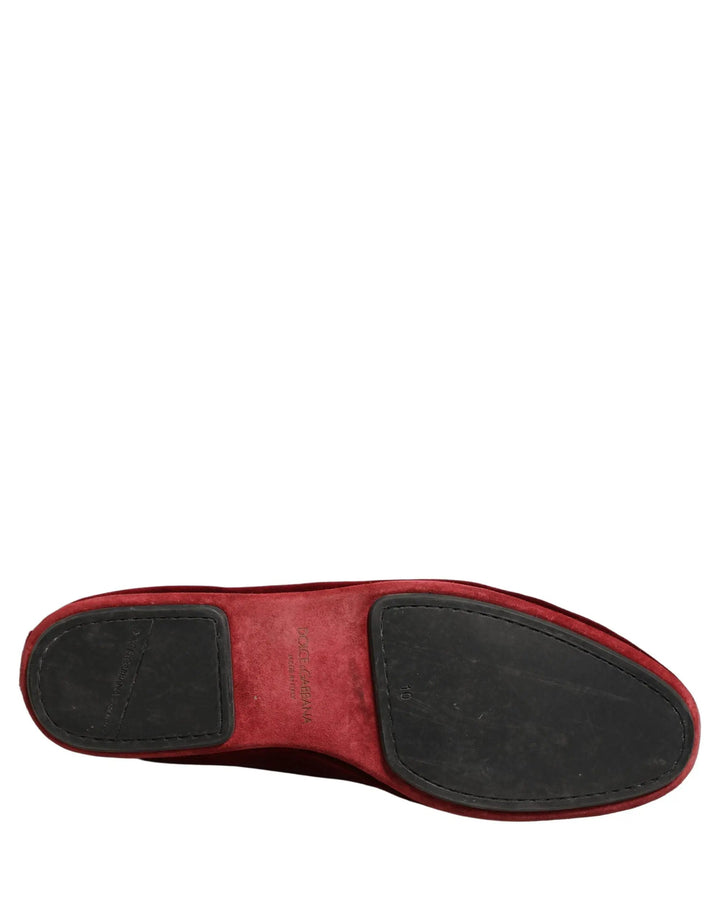 Dolce &amp; Gabbana Maroon Velvet Slip On Men Flats Loafers Shoes