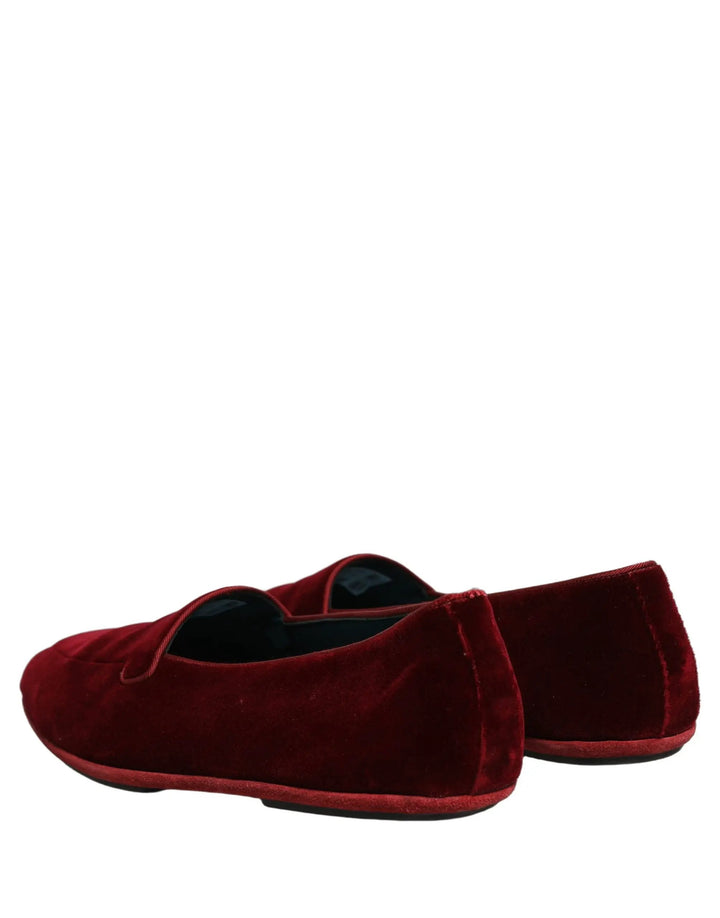 Dolce &amp; Gabbana Maroon Velvet Slip On Men Flats Loafers Shoes