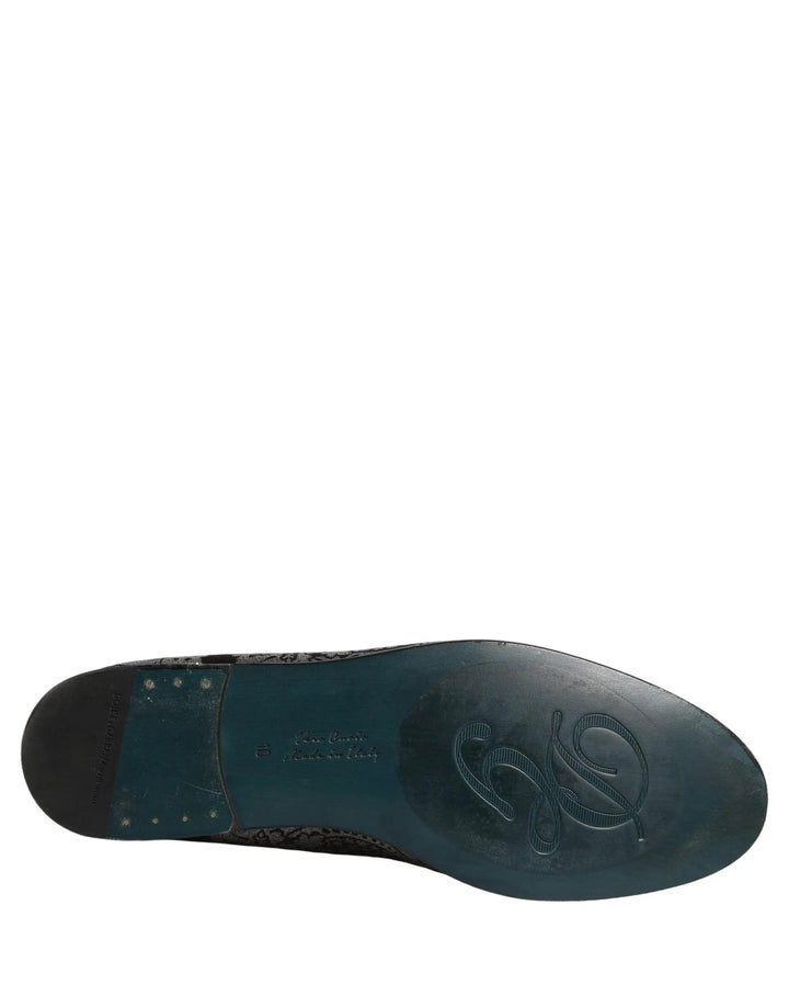 Dolce &amp; Gabbana Silver Jacquard Leather Slip On Loafers Shoes