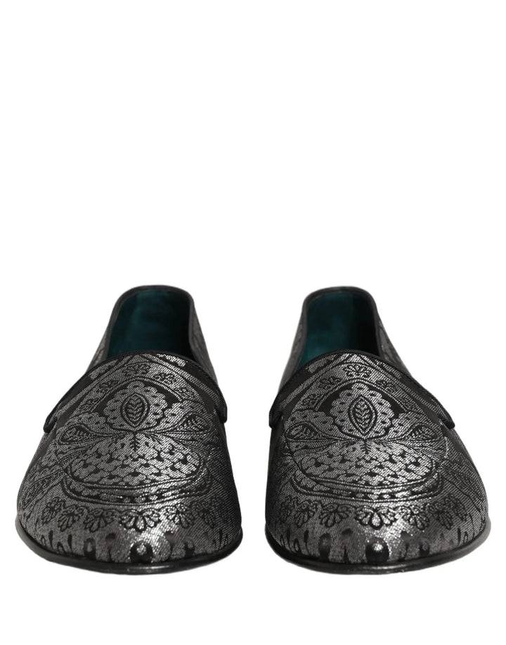Dolce &amp; Gabbana Silver Jacquard Leather Slip On Loafers Shoes