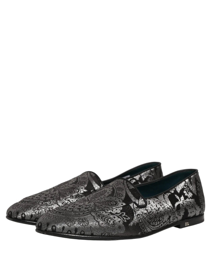 Dolce &amp; Gabbana Silver Jacquard Leather Slip On Loafers Shoes