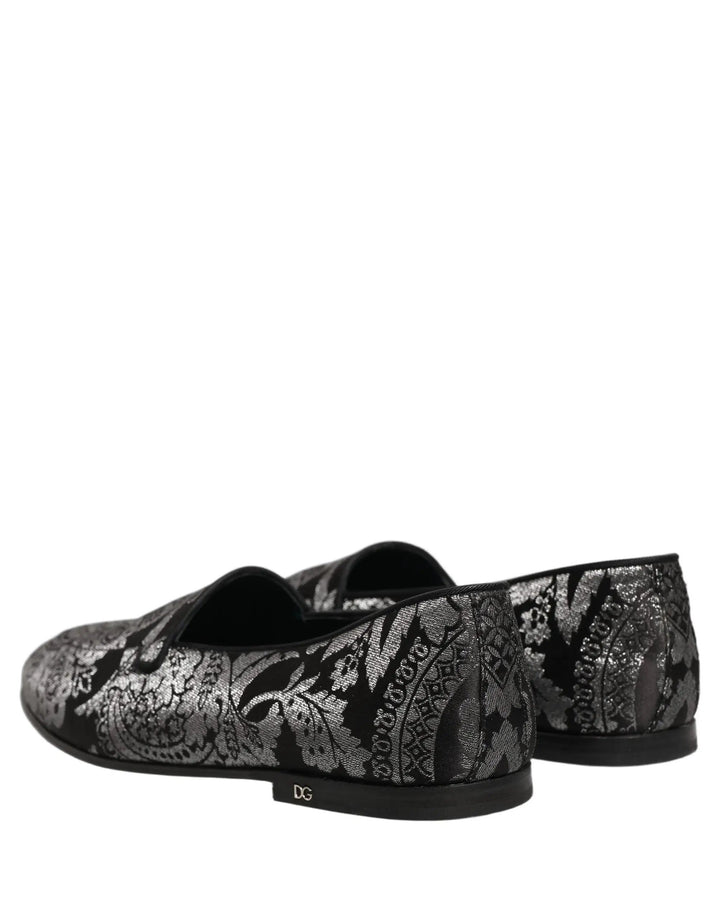 Dolce &amp; Gabbana Silver Jacquard Leather Slip On Loafers Shoes