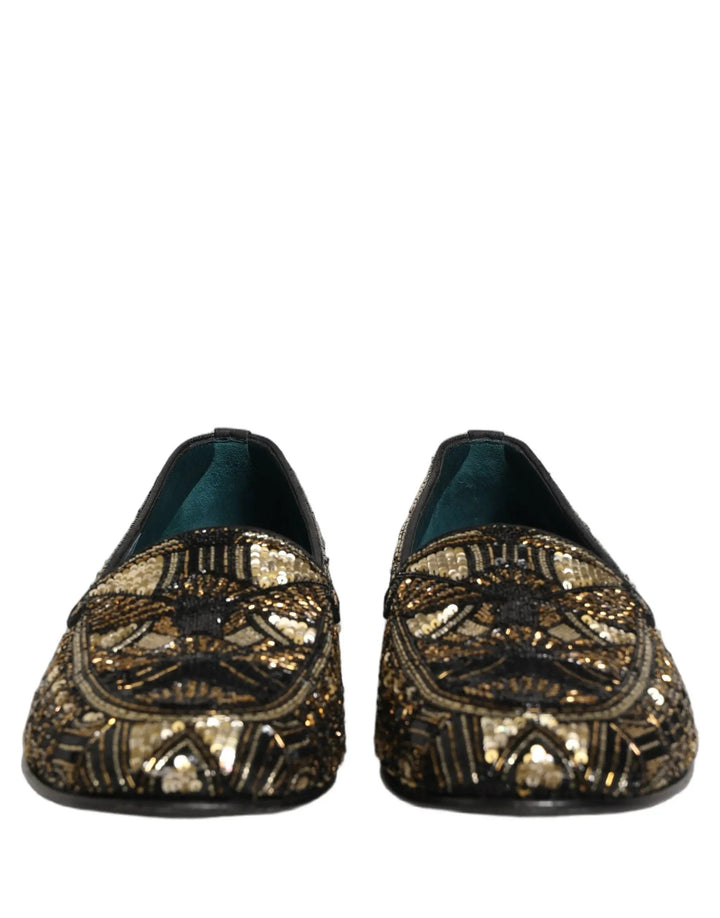Dolce &amp; Gabbana Black Gold Embellished Slip On Loafers Shoes