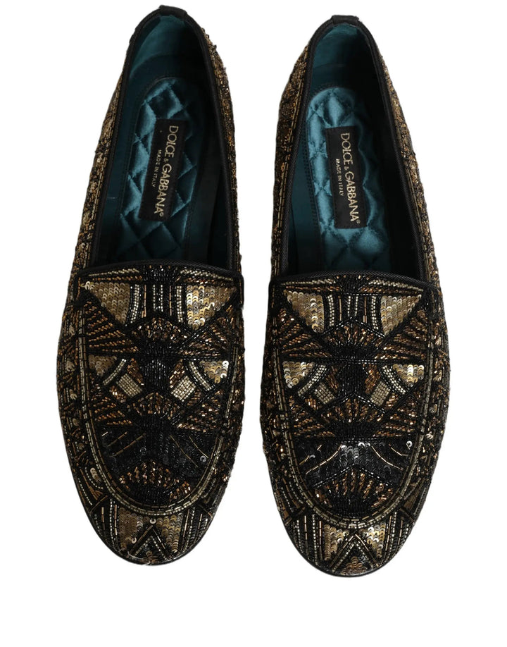 Dolce &amp; Gabbana Black Gold Embellished Slip On Loafers Shoes