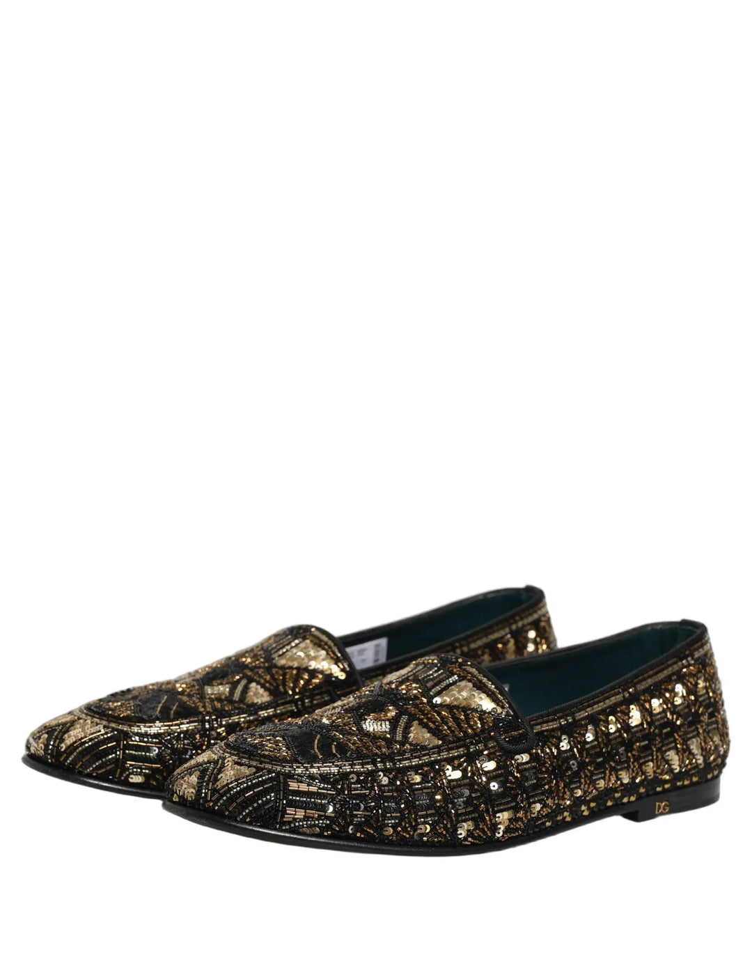 Dolce &amp; Gabbana Black Gold Embellished Slip On Loafers Shoes