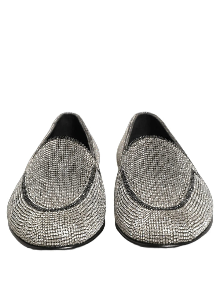 Dolce &amp; Gabbana Silver Crystal Embellished Men Loafers Shoes
