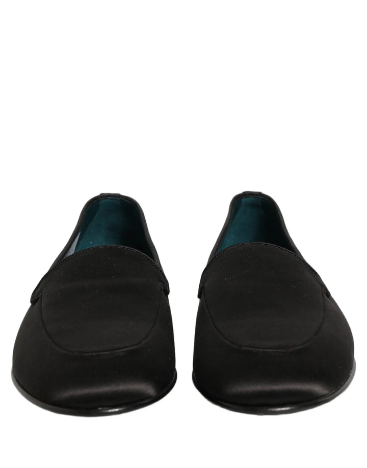 Dolce &amp; Gabbana Black Satin Logo Slip On Flats Loafers Shoes