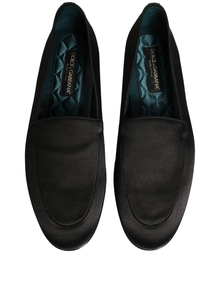 Dolce &amp; Gabbana Black Satin Logo Slip On Flats Loafers Shoes