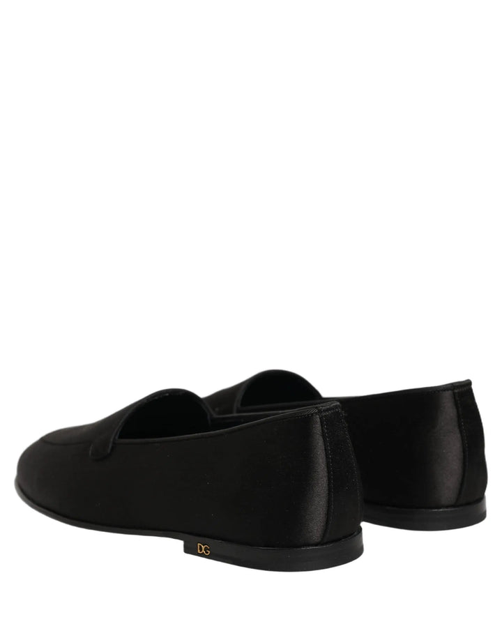 Dolce &amp; Gabbana Black Satin Logo Slip On Flats Loafers Shoes