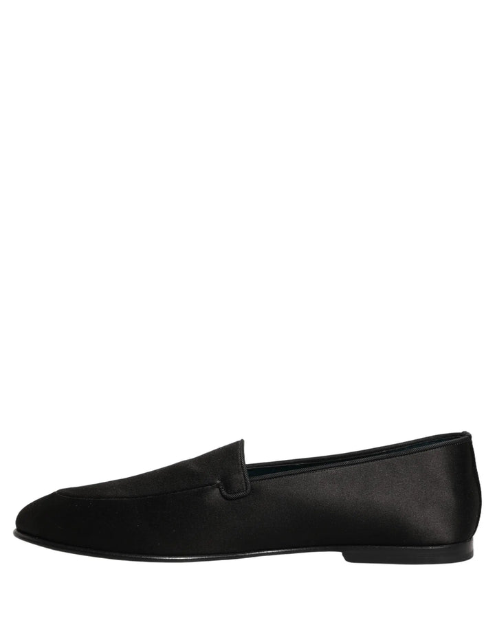 Dolce &amp; Gabbana Black Satin Logo Slip On Flats Loafers Shoes
