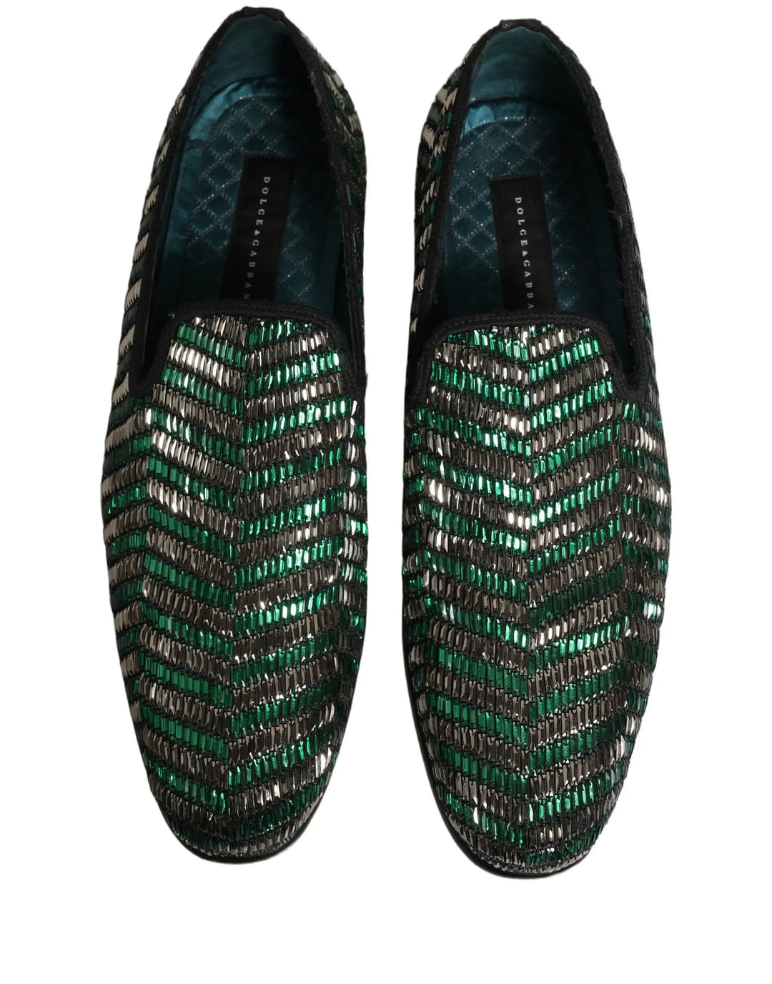 Dolce &amp; Gabbana Silver Green Embellished Dress Loafers Shoes