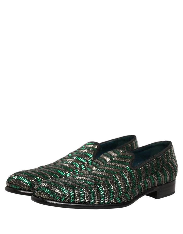 Dolce &amp; Gabbana Silver Green Embellished Dress Loafers Shoes