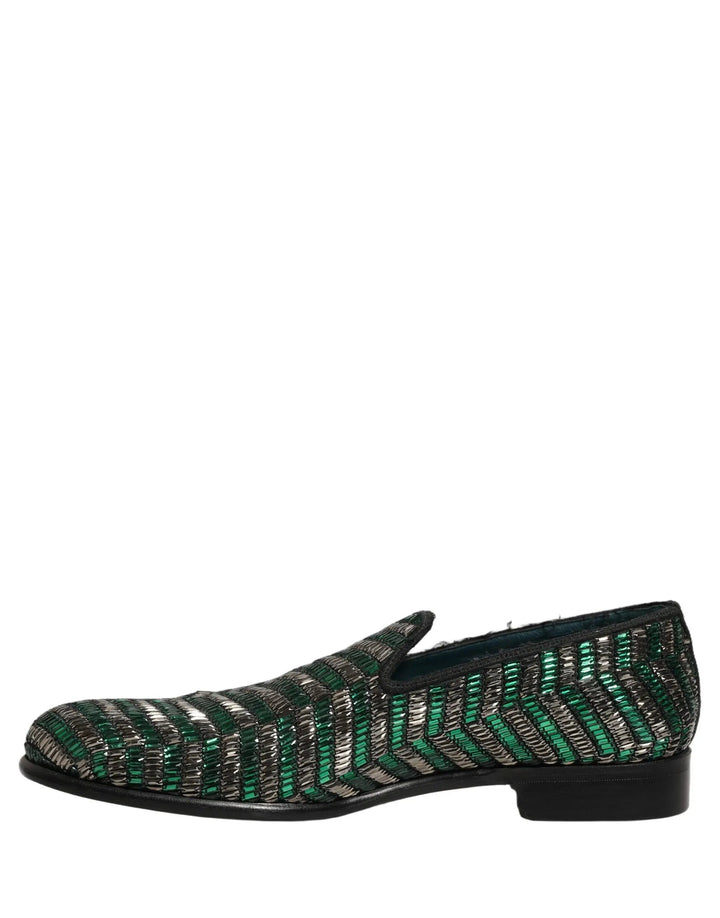 Dolce &amp; Gabbana Silver Green Embellished Dress Loafers Shoes