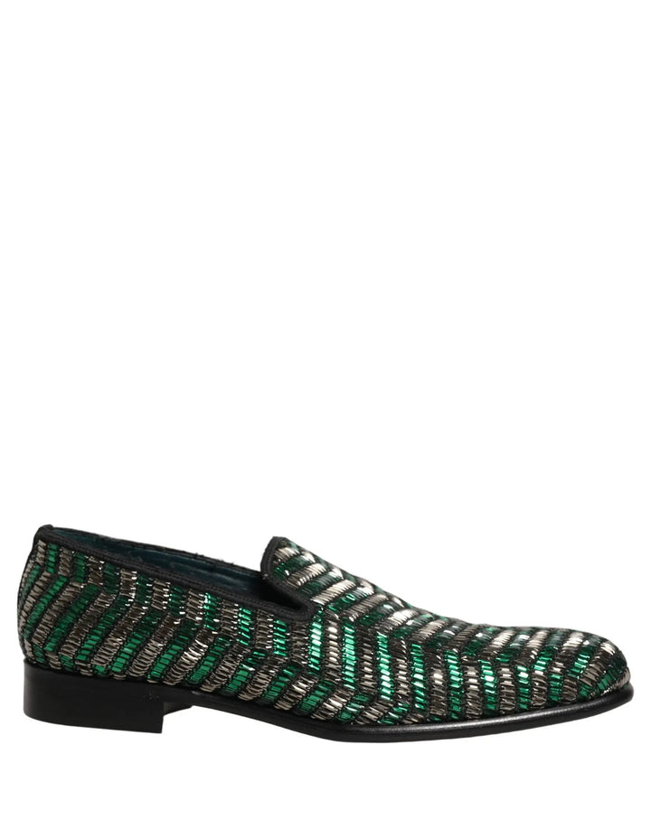 Dolce &amp; Gabbana Silver Green Embellished Dress Loafers Shoes