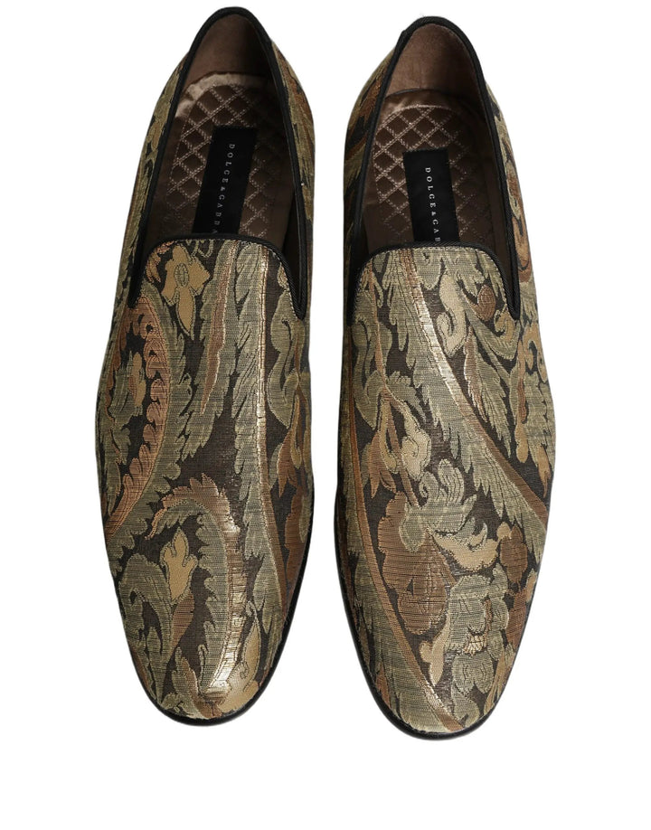 Dolce &amp; Gabbana Gold Brocade Slip On Men Dress Loafers Shoes