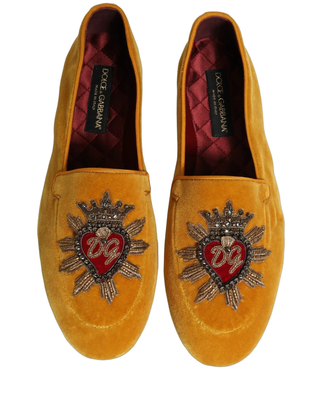 Dolce &amp; Gabbana Yellow Velvet DG Heart Loafers Flats Shoes
