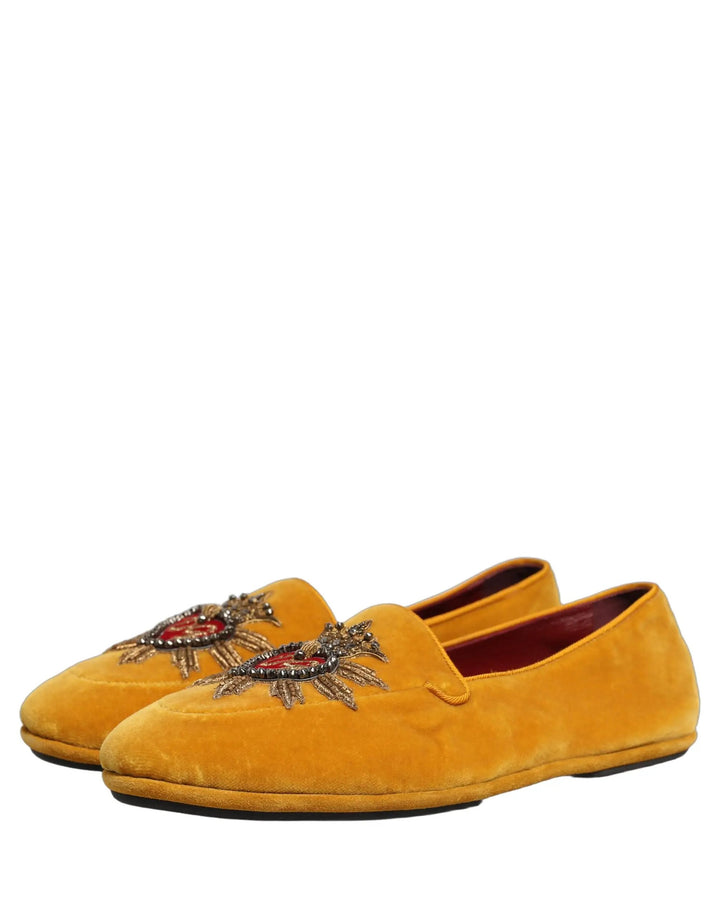 Dolce &amp; Gabbana Yellow Velvet DG Heart Loafers Flats Shoes